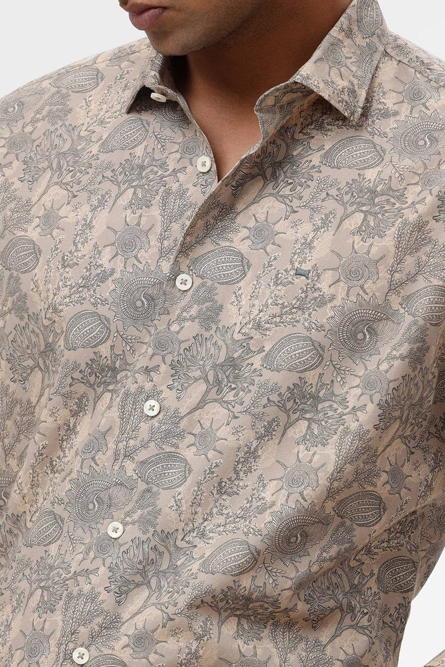 BASICS SLIM FIT TRAVERTINE BROWN COTTON POPLIN PRINTED SHIRT