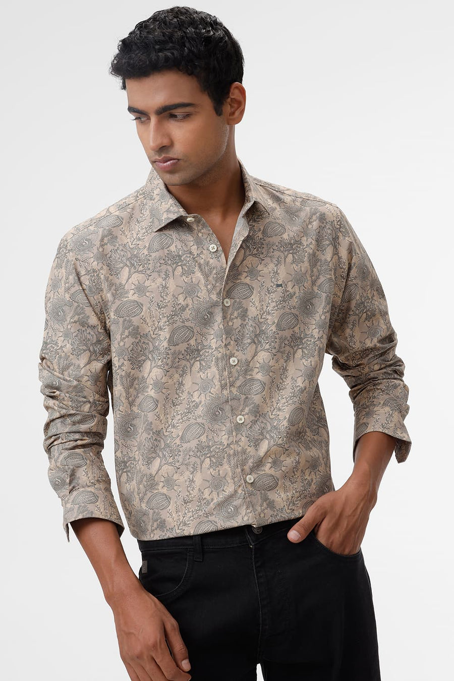 BASICS SLIM FIT TRAVERTINE BROWN COTTON POPLIN PRINTED SHIRT