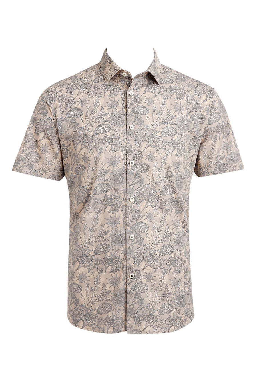 BASICS SLIM FIT TRAVERTINE BROWN COTTON POPLIN PRINTED HALFSLEEVES SHIRT