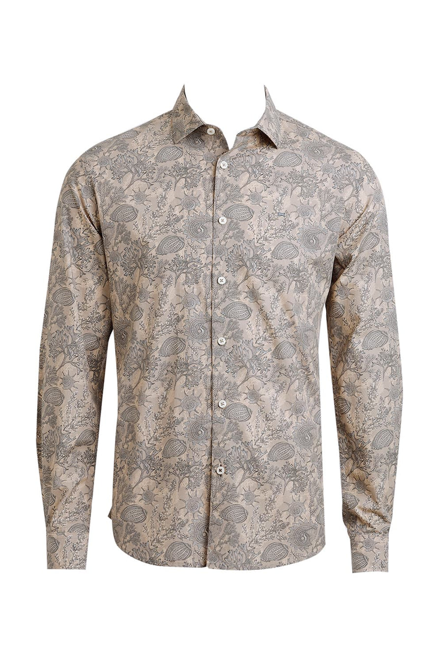BASICS SLIM FIT TRAVERTINE BROWN COTTON POPLIN PRINTED SHIRT