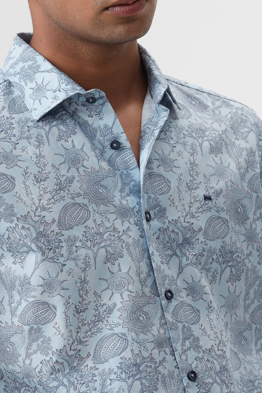 BASICS SLIM FIT DREAM BLUE COTTON POPLIN PRINTED HALFSLEEVES SHIRT