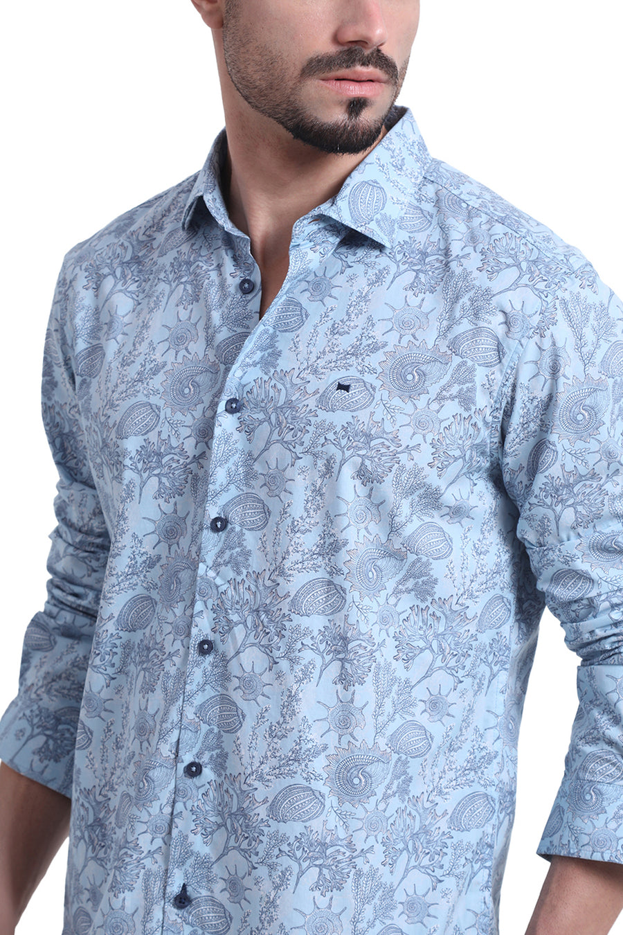 BASICS SLIM FIT DREAM BLUE COTTON POPLIN PRINTED SHIRT