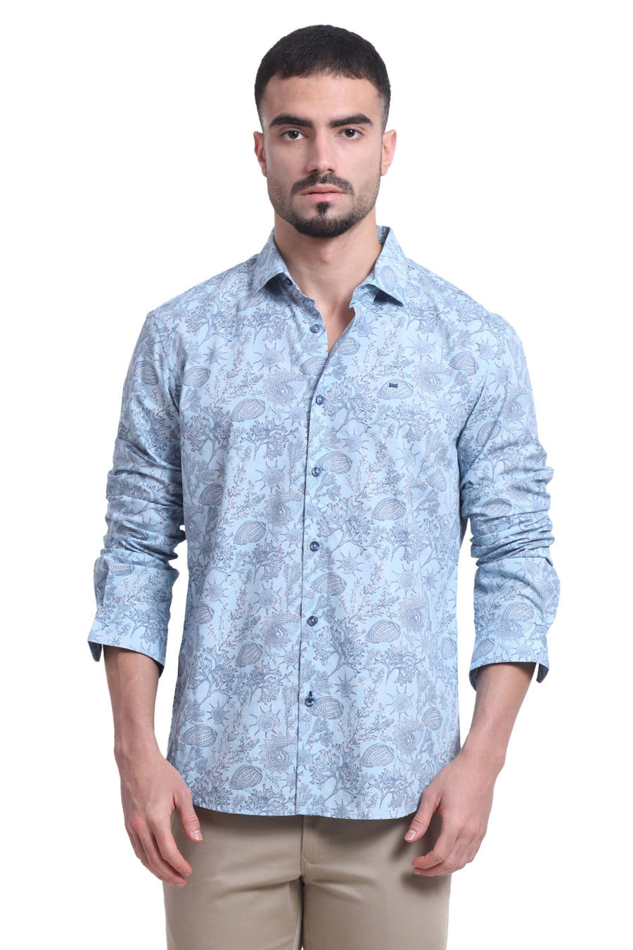 BASICS SLIM FIT DREAM BLUE COTTON POPLIN PRINTED SHIRT