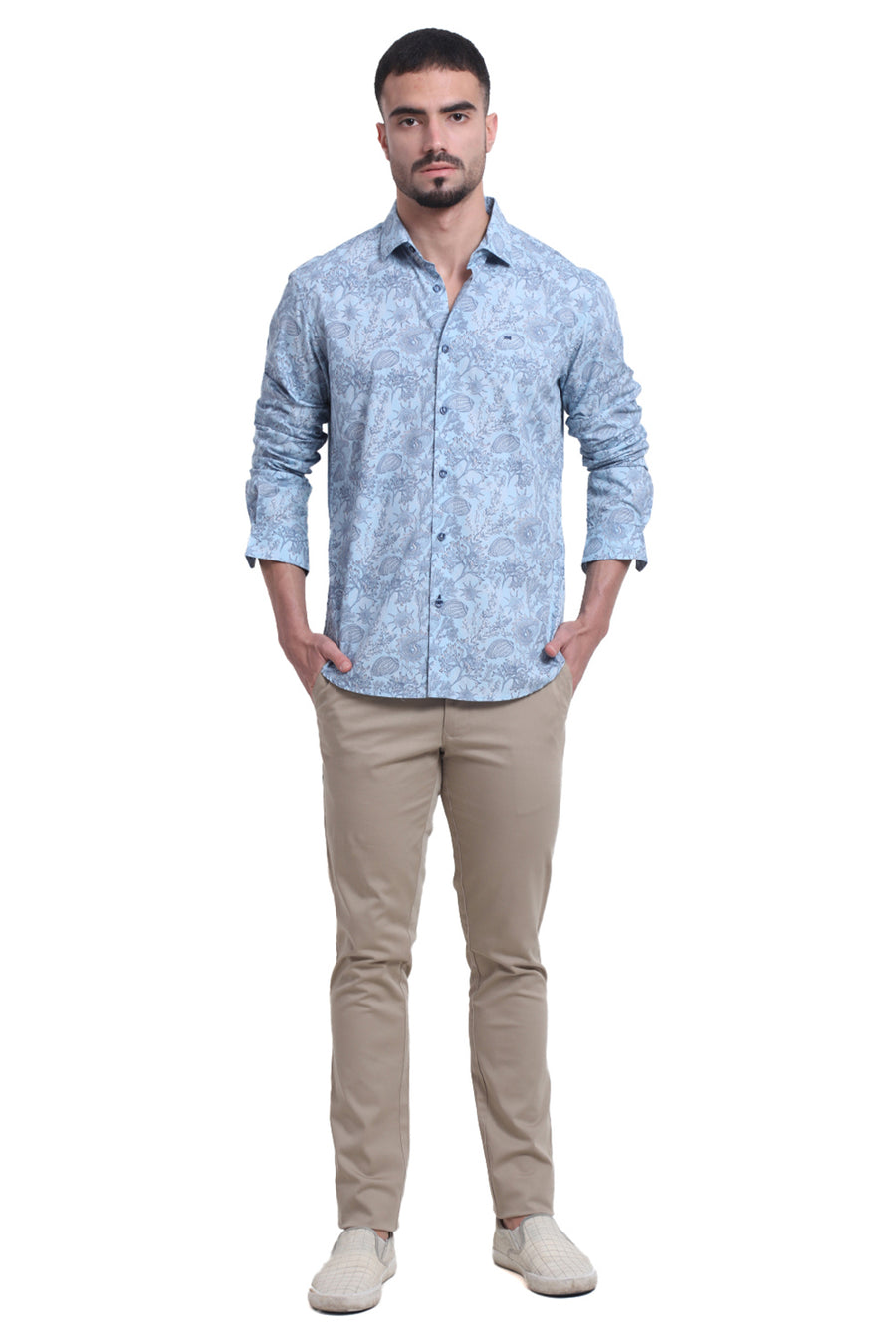 BASICS SLIM FIT DREAM BLUE COTTON POPLIN PRINTED SHIRT