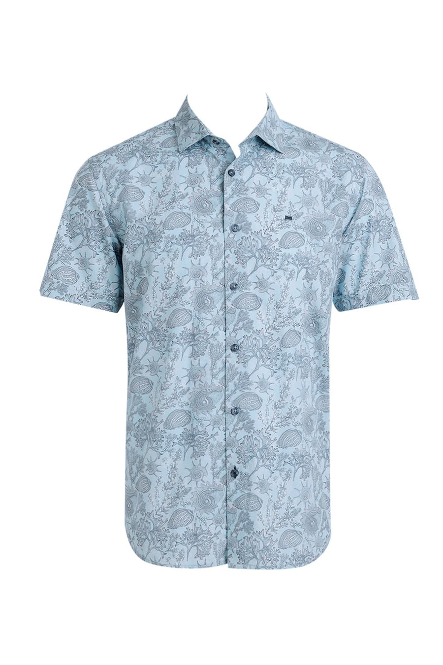 BASICS SLIM FIT DREAM BLUE COTTON POPLIN PRINTED HALFSLEEVES SHIRT