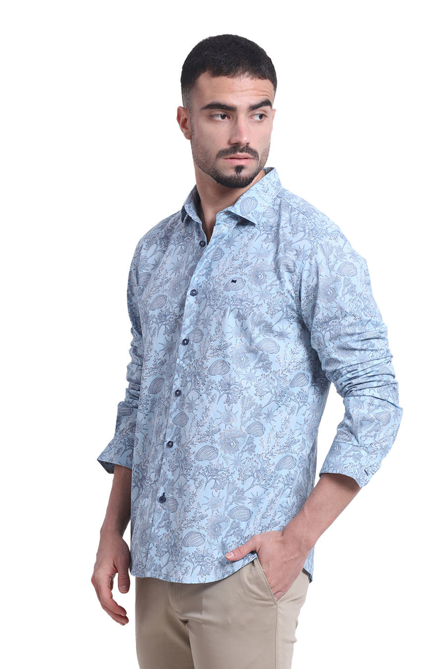 BASICS SLIM FIT DREAM BLUE COTTON POPLIN PRINTED SHIRT