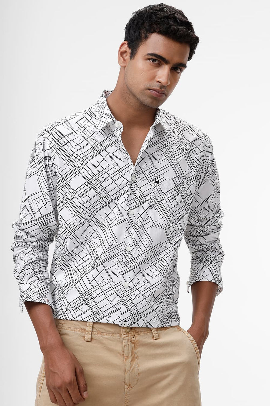 BASICS SLIM FIT WHITE CLOUD COTTON POPLIN PRINTED SHIRT