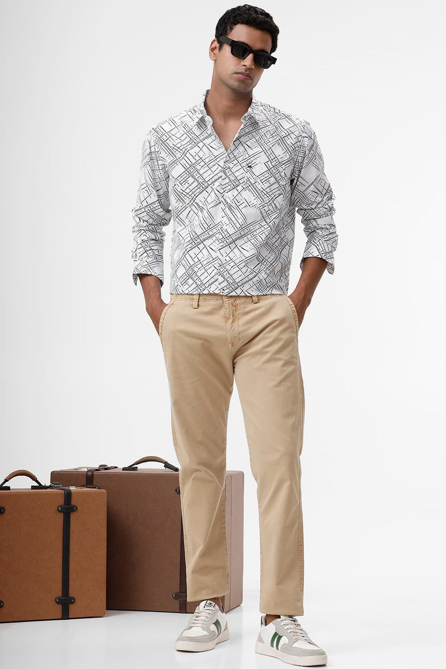 BASICS SLIM FIT WHITE CLOUD COTTON POPLIN PRINTED SHIRT