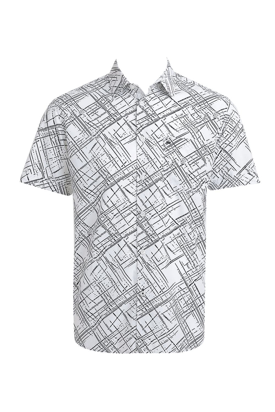 BASICS SLIM FIT WHITE CLOUD COTTON POPLIN PRINTED HALFSLEEVES SHIRT