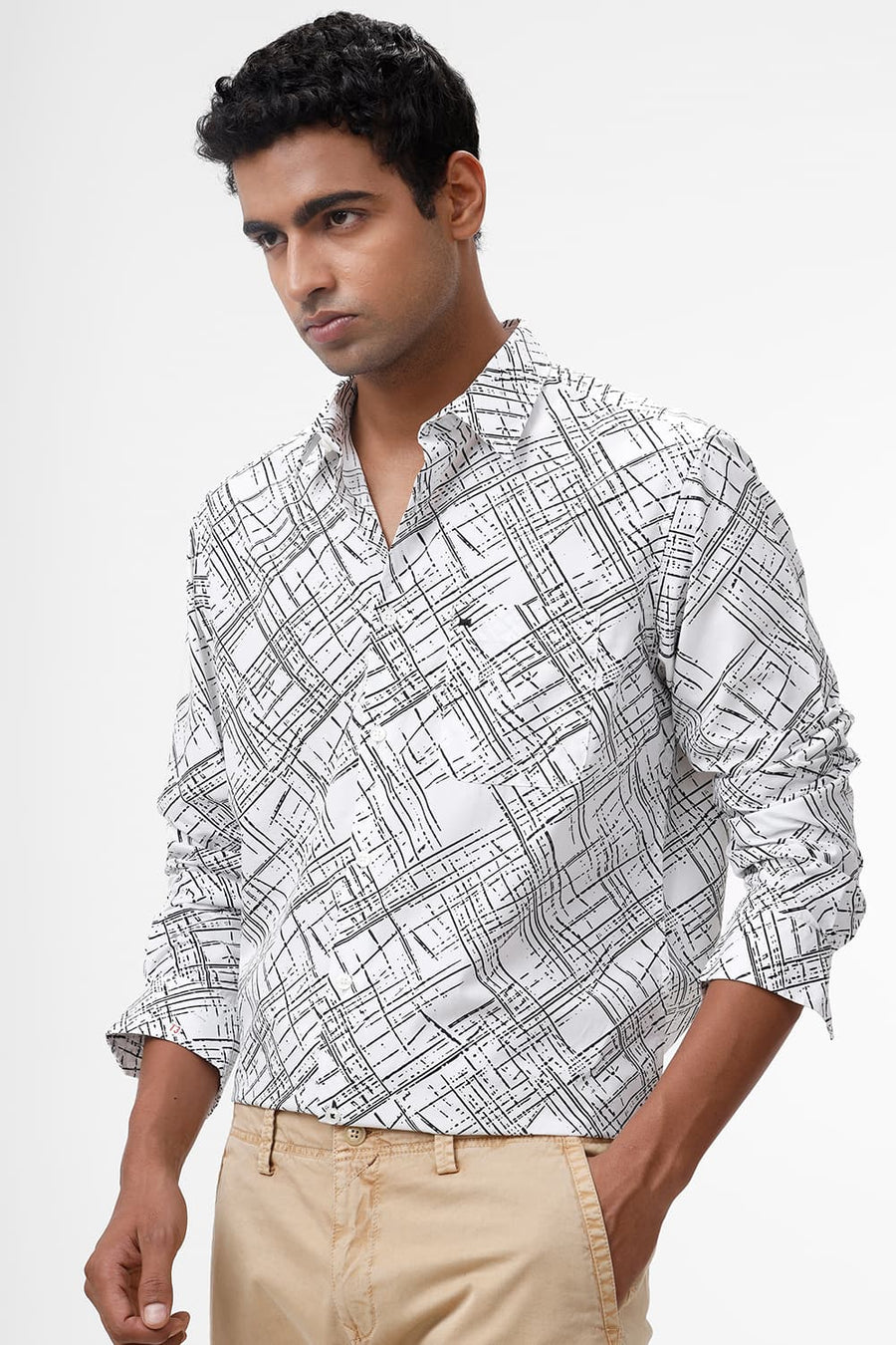 BASICS SLIM FIT WHITE CLOUD COTTON POPLIN PRINTED SHIRT