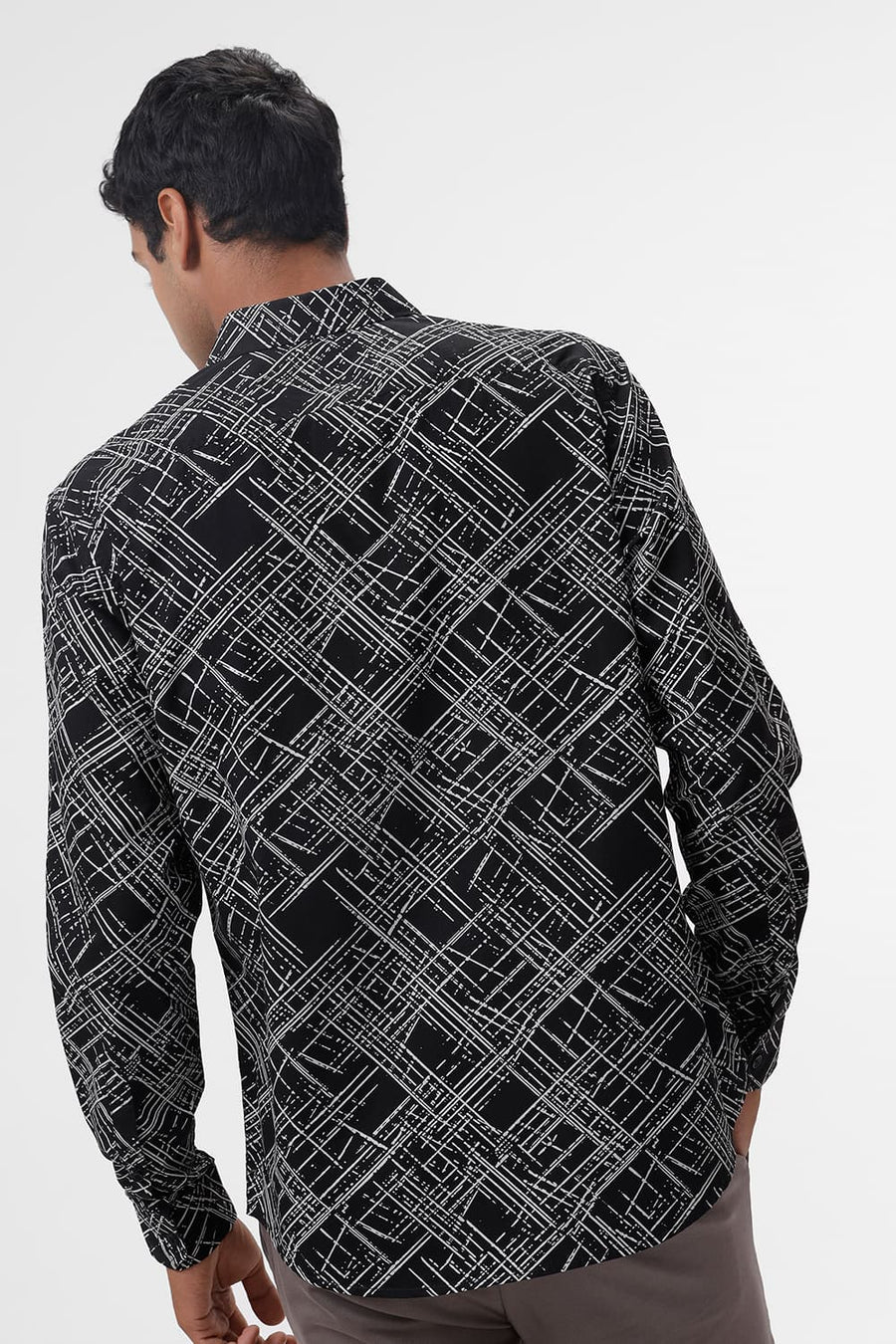 BASICS SLIM FIT PHANTOM BLACK COTTON POPLIN PRINTED SHIRT