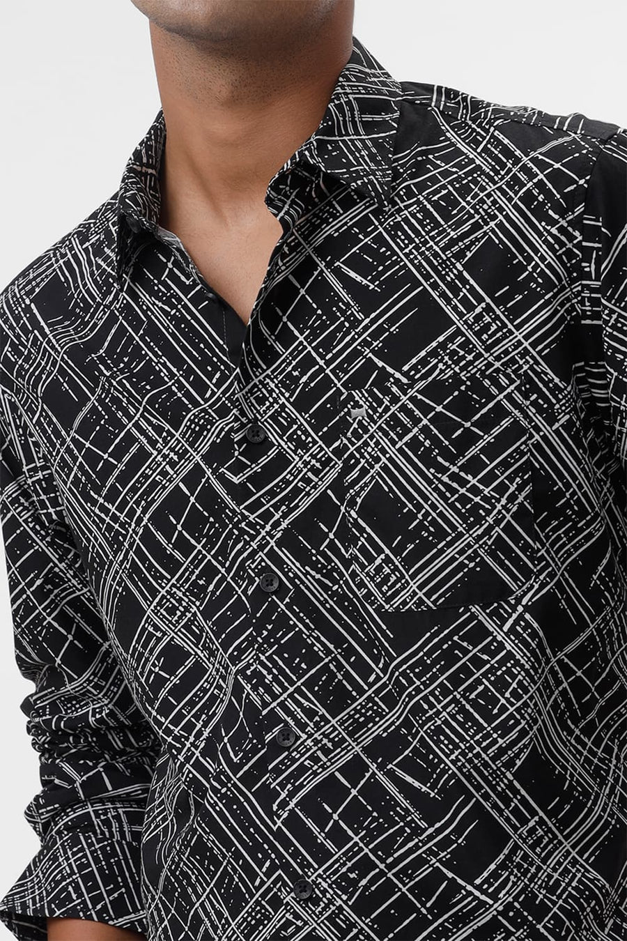BASICS SLIM FIT PHANTOM BLACK COTTON POPLIN PRINTED SHIRT