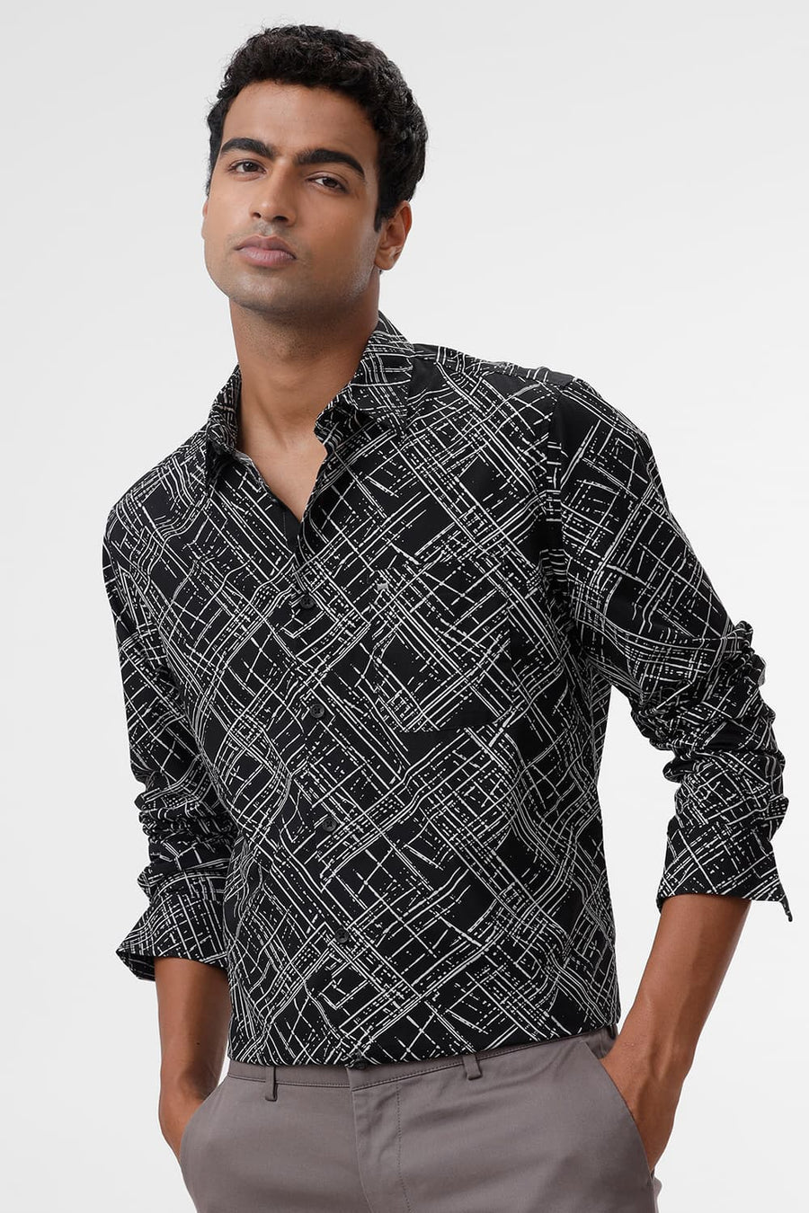 BASICS SLIM FIT PHANTOM BLACK COTTON POPLIN PRINTED SHIRT