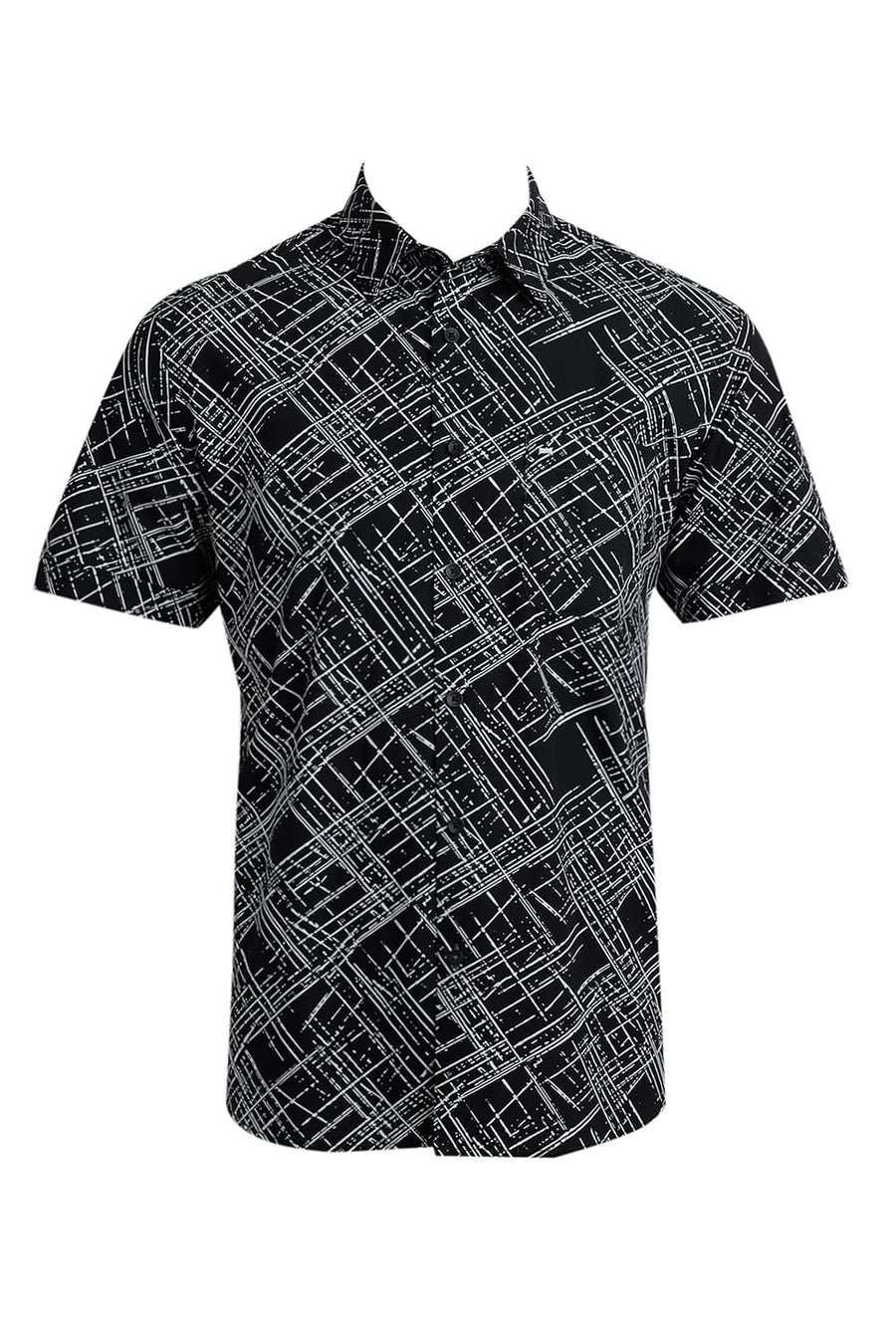 BASICS SLIM FIT PHANTOM BLACK COTTON POPLIN PRINTED HALFSLEEVES SHIRT