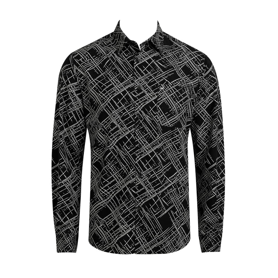 BASICS SLIM FIT PHANTOM BLACK COTTON POPLIN PRINTED SHIRT