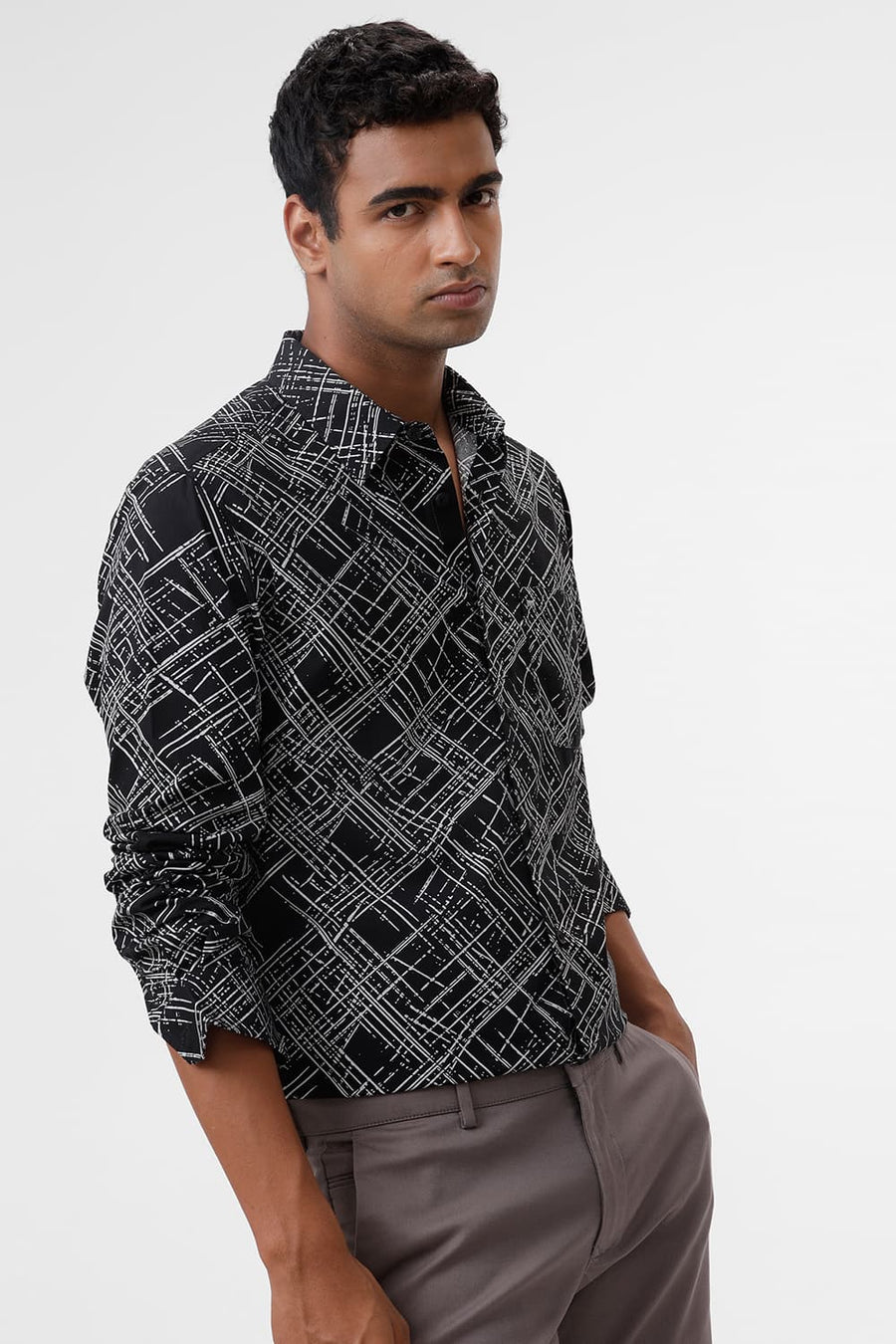 BASICS SLIM FIT PHANTOM BLACK COTTON POPLIN PRINTED SHIRT