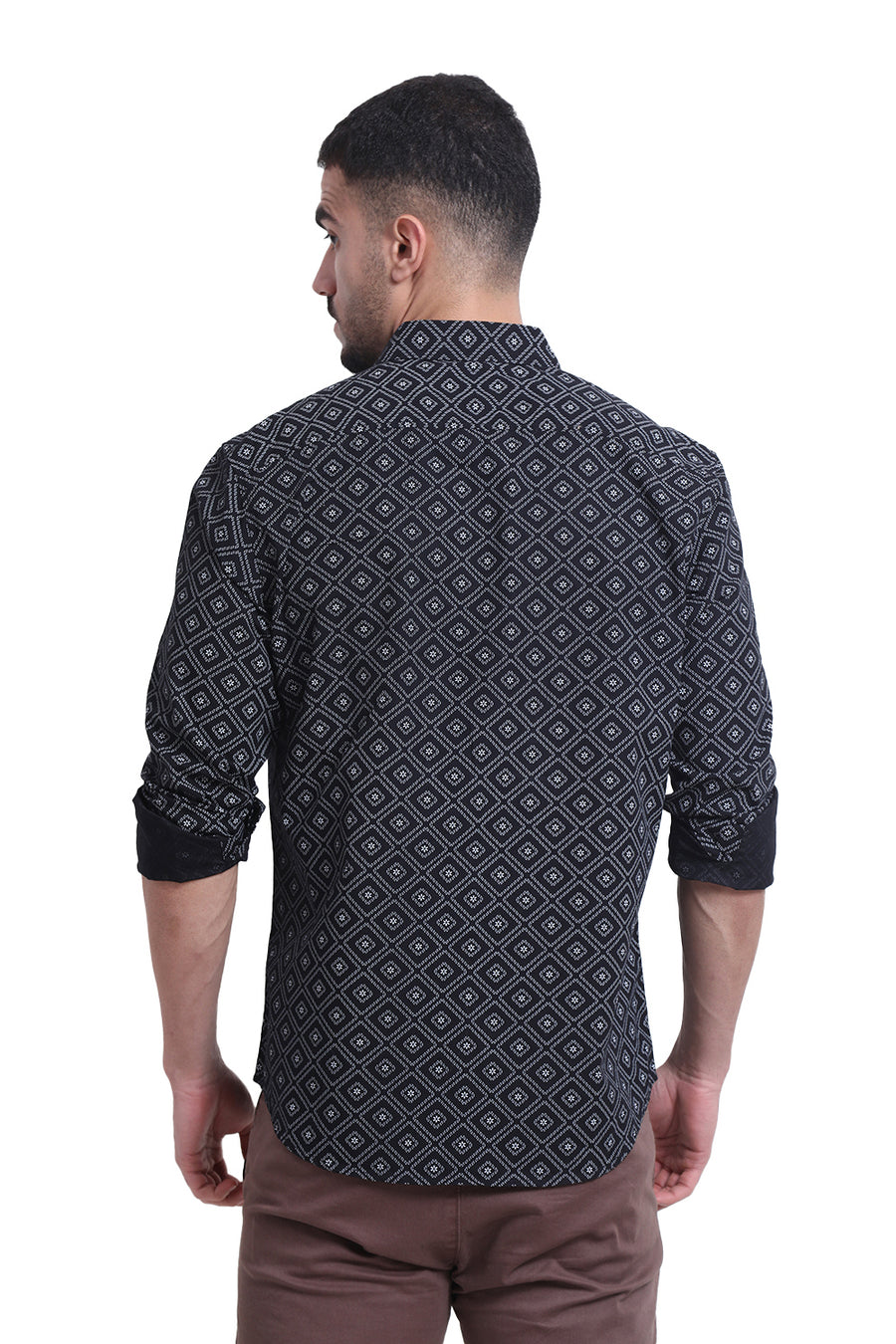 BASICS SLIM FIT BRISTOL BLACK COTTON POPLIN PRINTED SHIRT