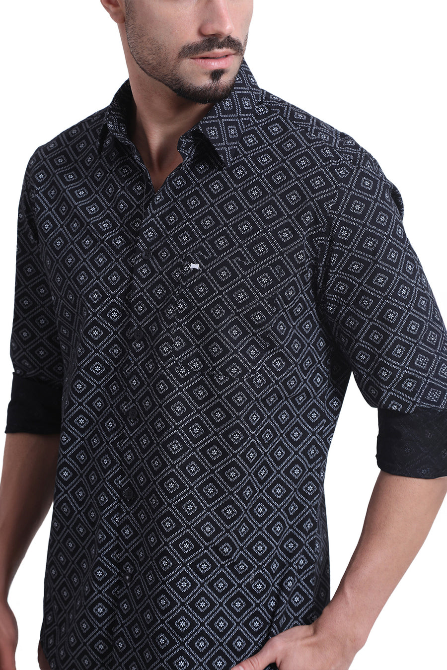 BASICS SLIM FIT BRISTOL BLACK COTTON POPLIN PRINTED SHIRT