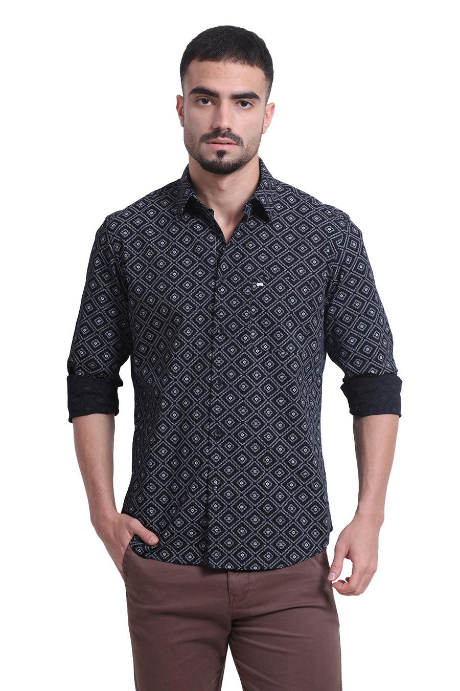 BASICS SLIM FIT BRISTOL BLACK COTTON POPLIN PRINTED SHIRT