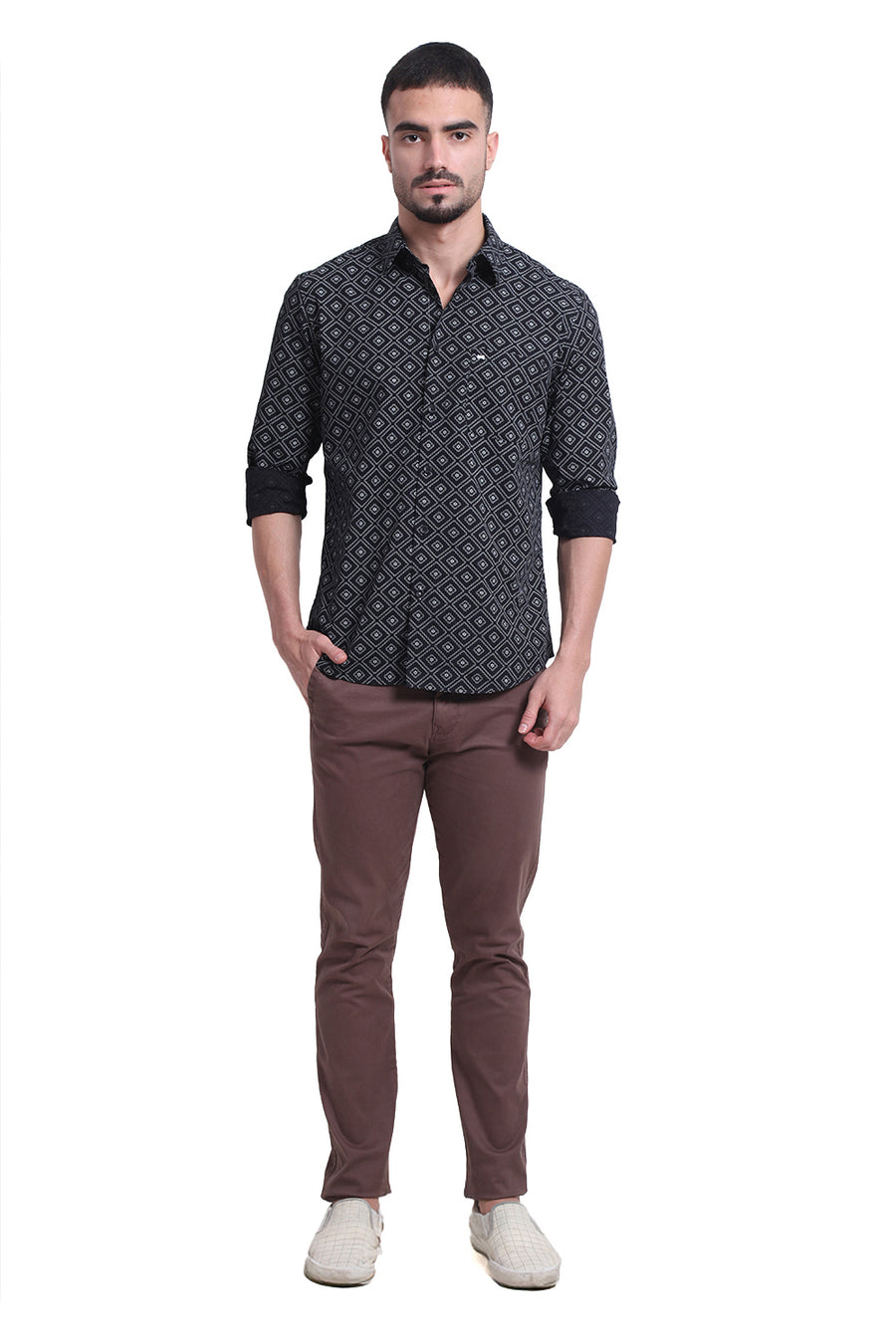 BASICS SLIM FIT BRISTOL BLACK COTTON POPLIN PRINTED SHIRT