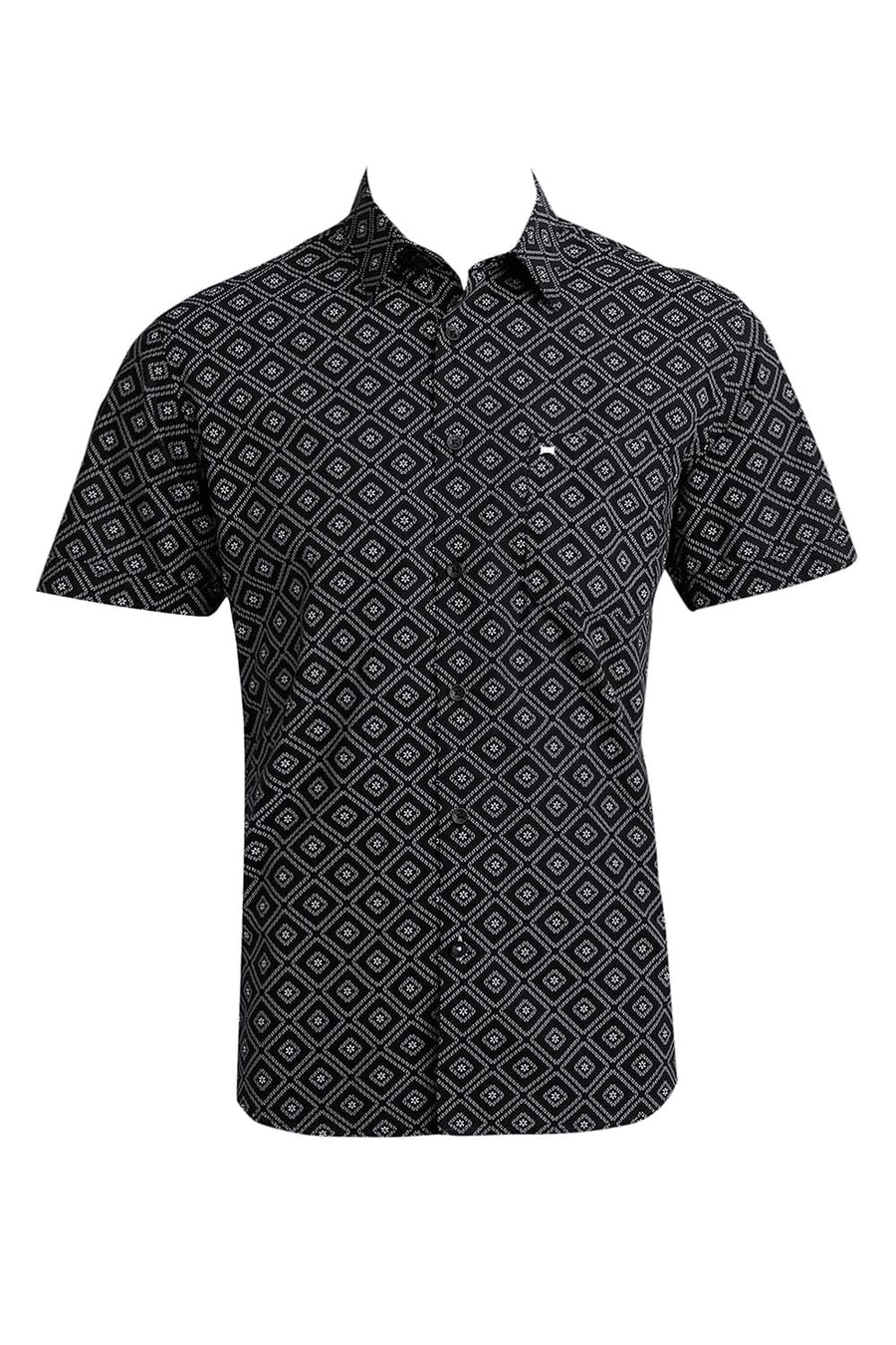 BASICS SLIM FIT BRISTOL BLACK COTTON POPLIN PRINTED HALFSLEEVES SHIRT