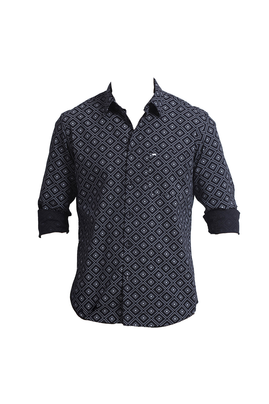BASICS SLIM FIT BRISTOL BLACK COTTON POPLIN PRINTED SHIRT