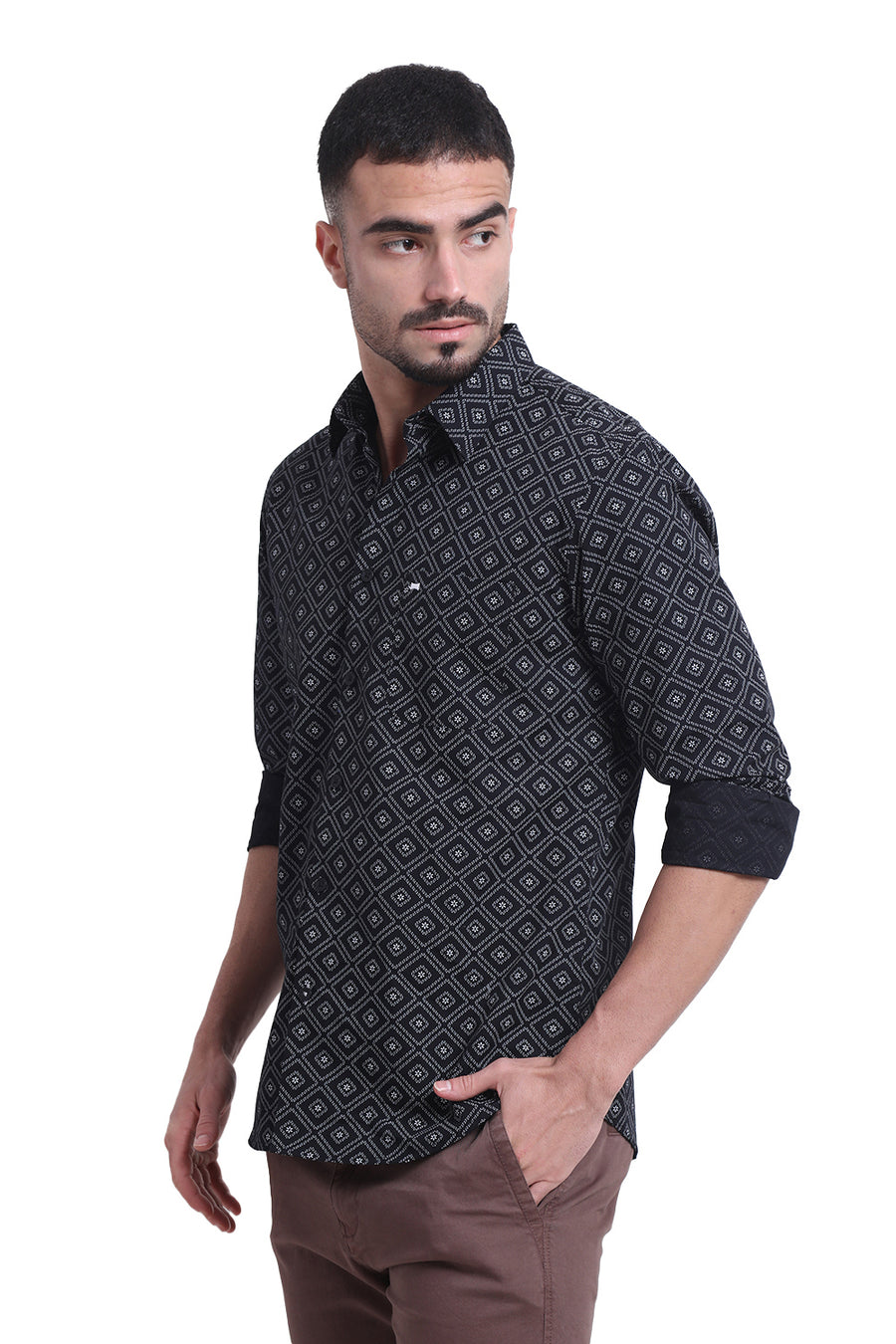 BASICS SLIM FIT BRISTOL BLACK COTTON POPLIN PRINTED SHIRT