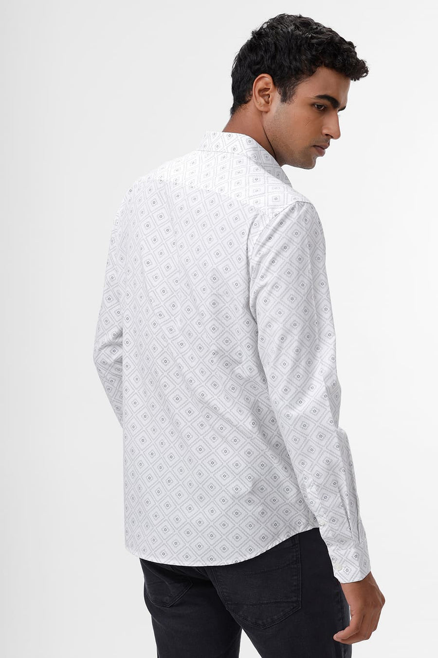 BASICS SLIM FIT WHITE CLOUD COTTON POPLIN PRINTED SHIRT