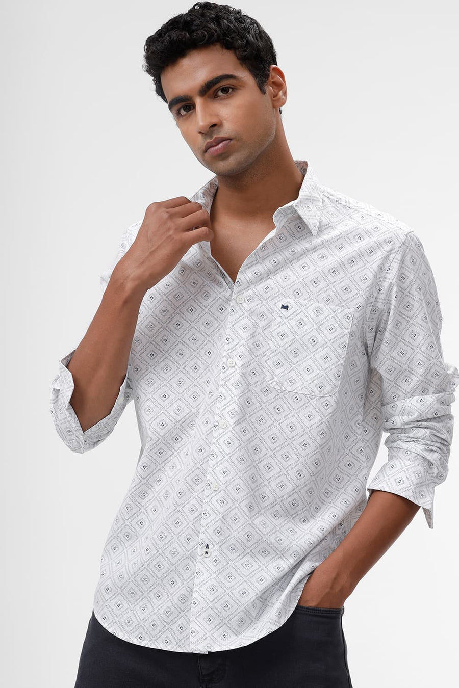 BASICS SLIM FIT WHITE CLOUD COTTON POPLIN PRINTED SHIRT