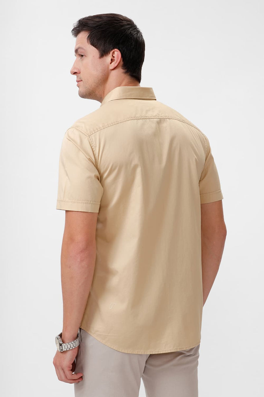 BASICS SLIM FIT REED BEIGE COTTON TWILL HALFSLEEVES SHIRT