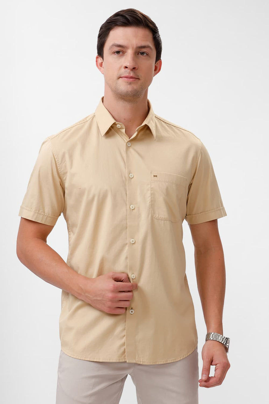 BASICS SLIM FIT REED BEIGE COTTON TWILL HALFSLEEVES SHIRT
