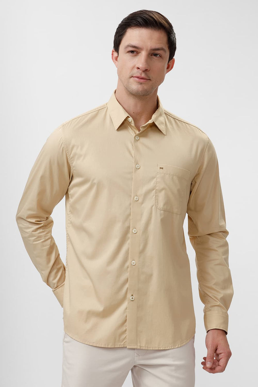 BASICS SLIM FIT REED BEIGE COTTON TWILL SHIRT