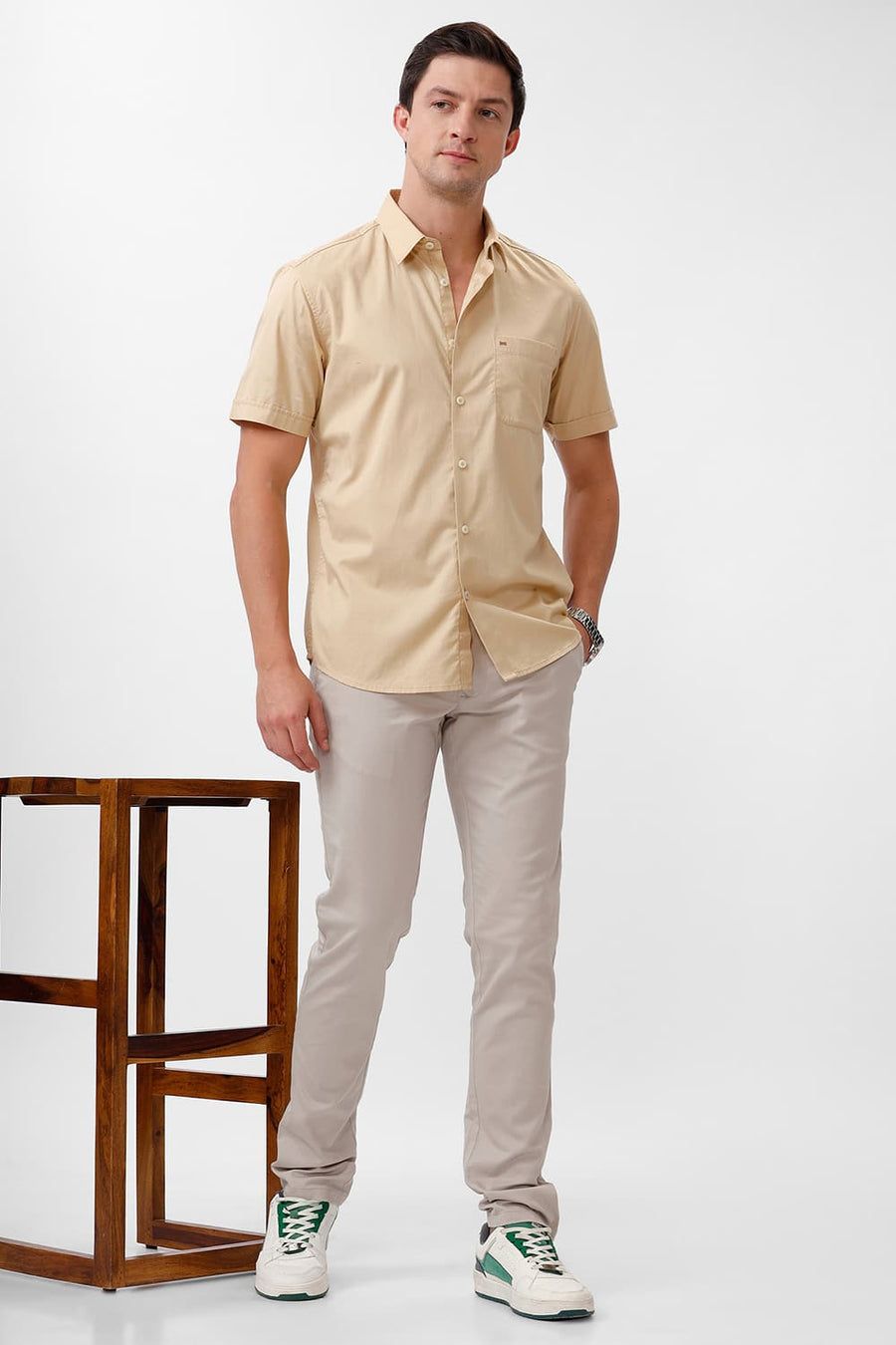 BASICS SLIM FIT REED BEIGE COTTON TWILL HALFSLEEVES SHIRT