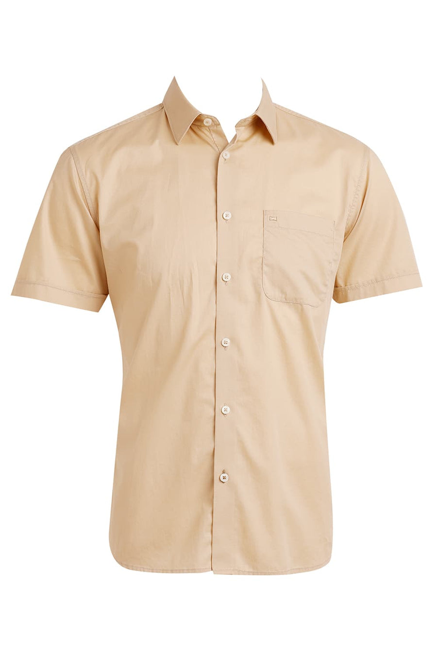 BASICS SLIM FIT REED BEIGE COTTON TWILL HALFSLEEVES SHIRT