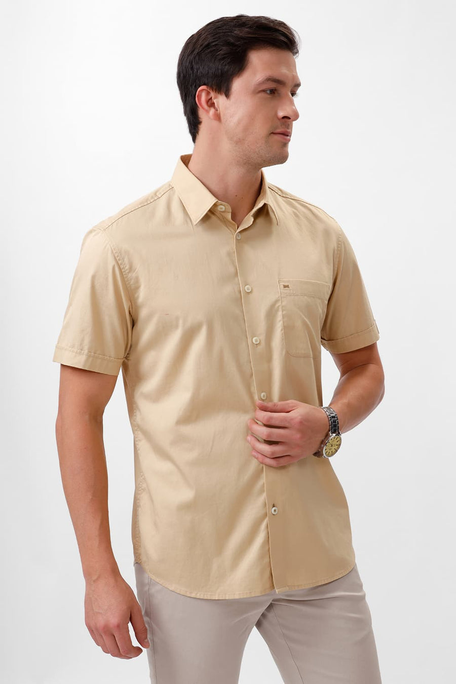 BASICS SLIM FIT REED BEIGE COTTON TWILL HALFSLEEVES SHIRT