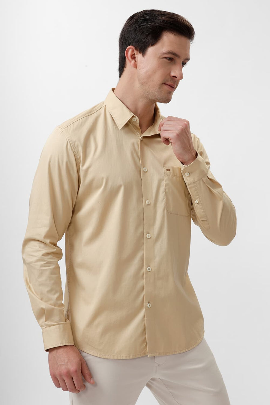 BASICS SLIM FIT REED BEIGE COTTON TWILL SHIRT