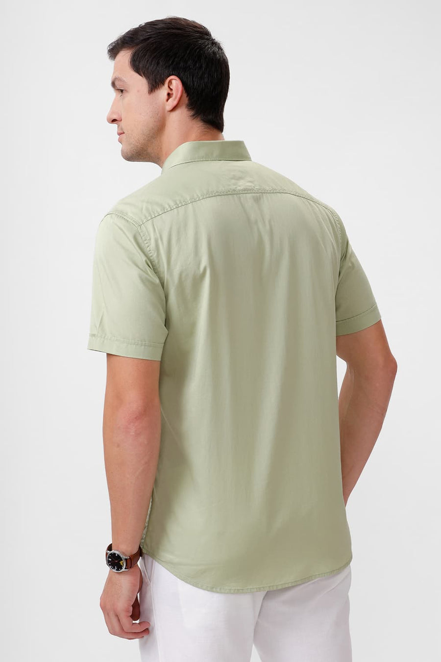 BASICS SLIM FIT SWAMP GREEN COTTON TWILL HALFSLEEVES SHIRT