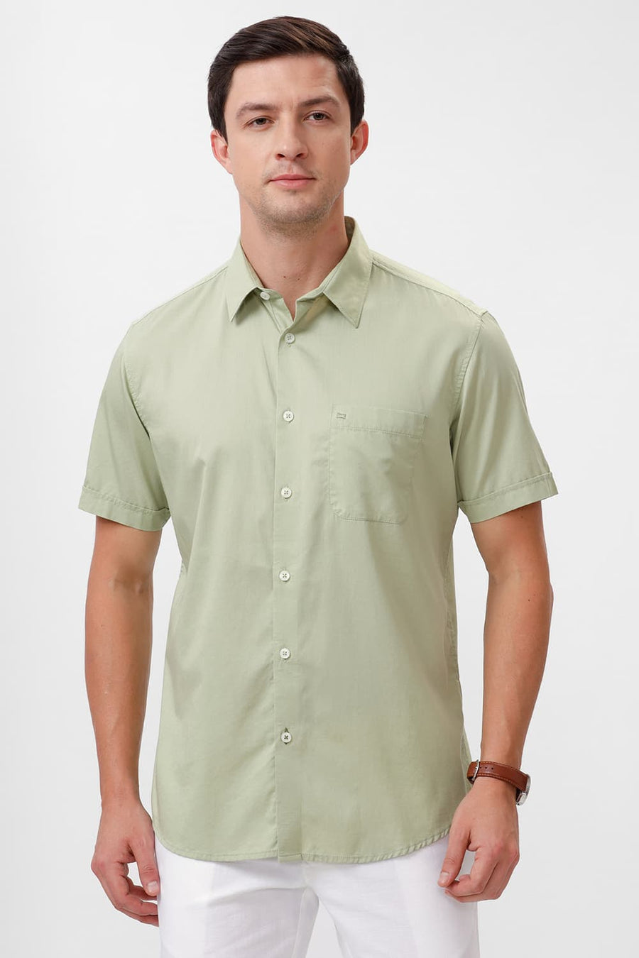 BASICS SLIM FIT SWAMP GREEN COTTON TWILL HALFSLEEVES SHIRT