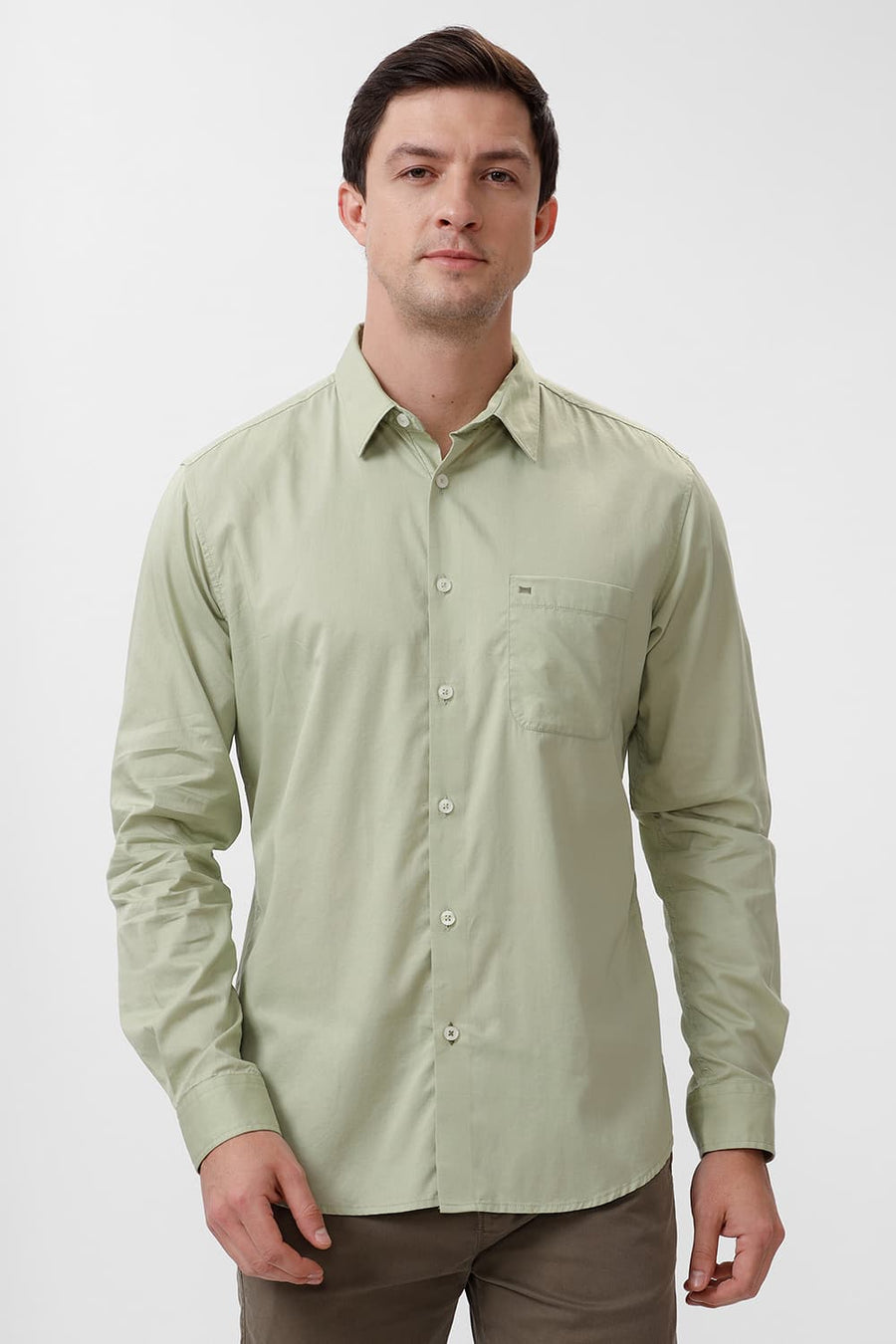 BASICS SLIM FIT SWAMP GREEN COTTON TWILL SHIRT