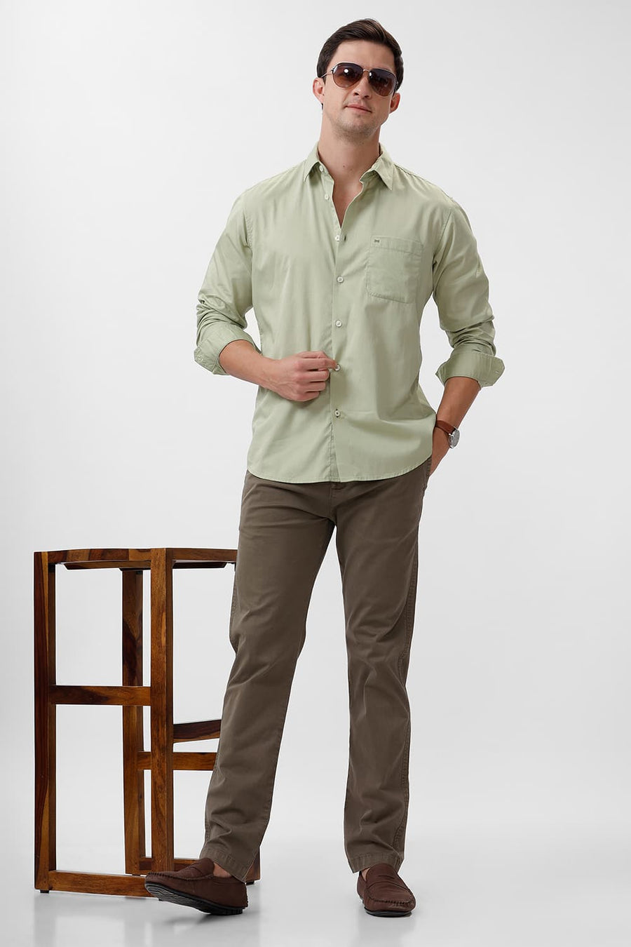 BASICS SLIM FIT SWAMP GREEN COTTON TWILL SHIRT