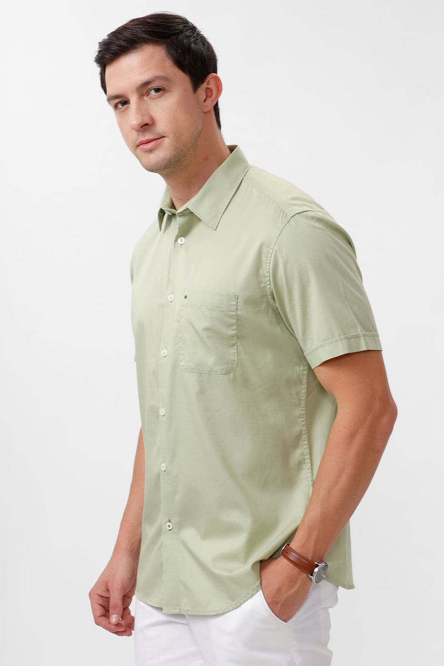 BASICS SLIM FIT SWAMP GREEN COTTON TWILL HALFSLEEVES SHIRT