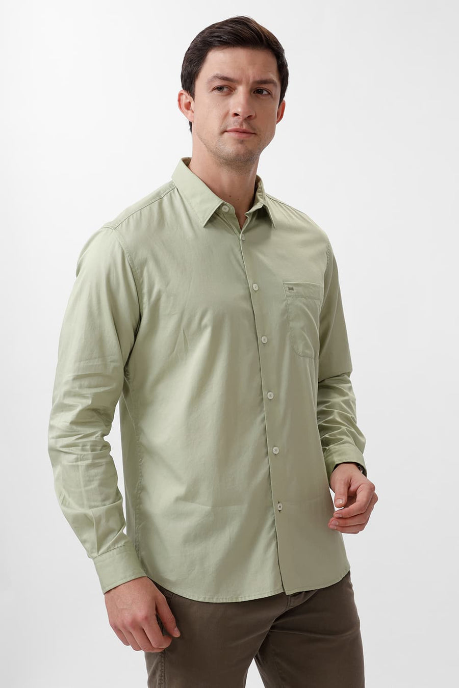 BASICS SLIM FIT SWAMP GREEN COTTON TWILL SHIRT