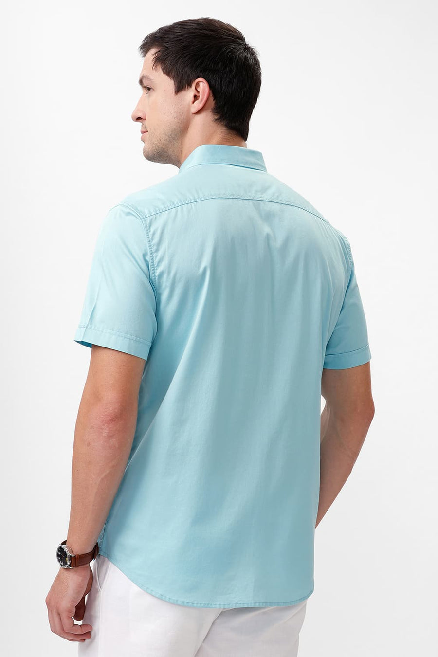 BASICS SLIM FIT STREAM AQUA COTTON TWILL HALFSLEEVES SHIRT