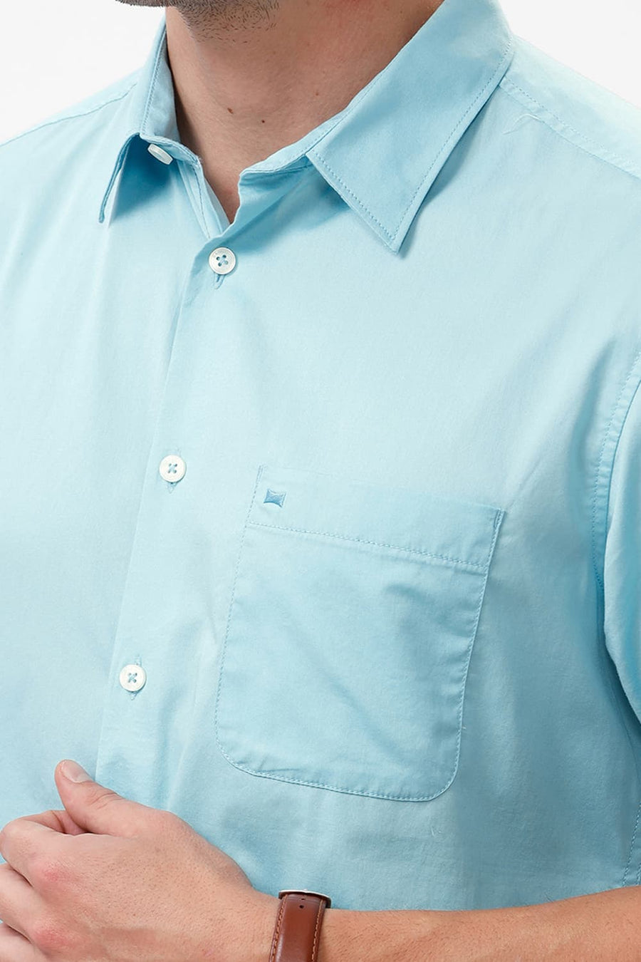 BASICS SLIM FIT STREAM AQUA COTTON TWILL HALFSLEEVES SHIRT