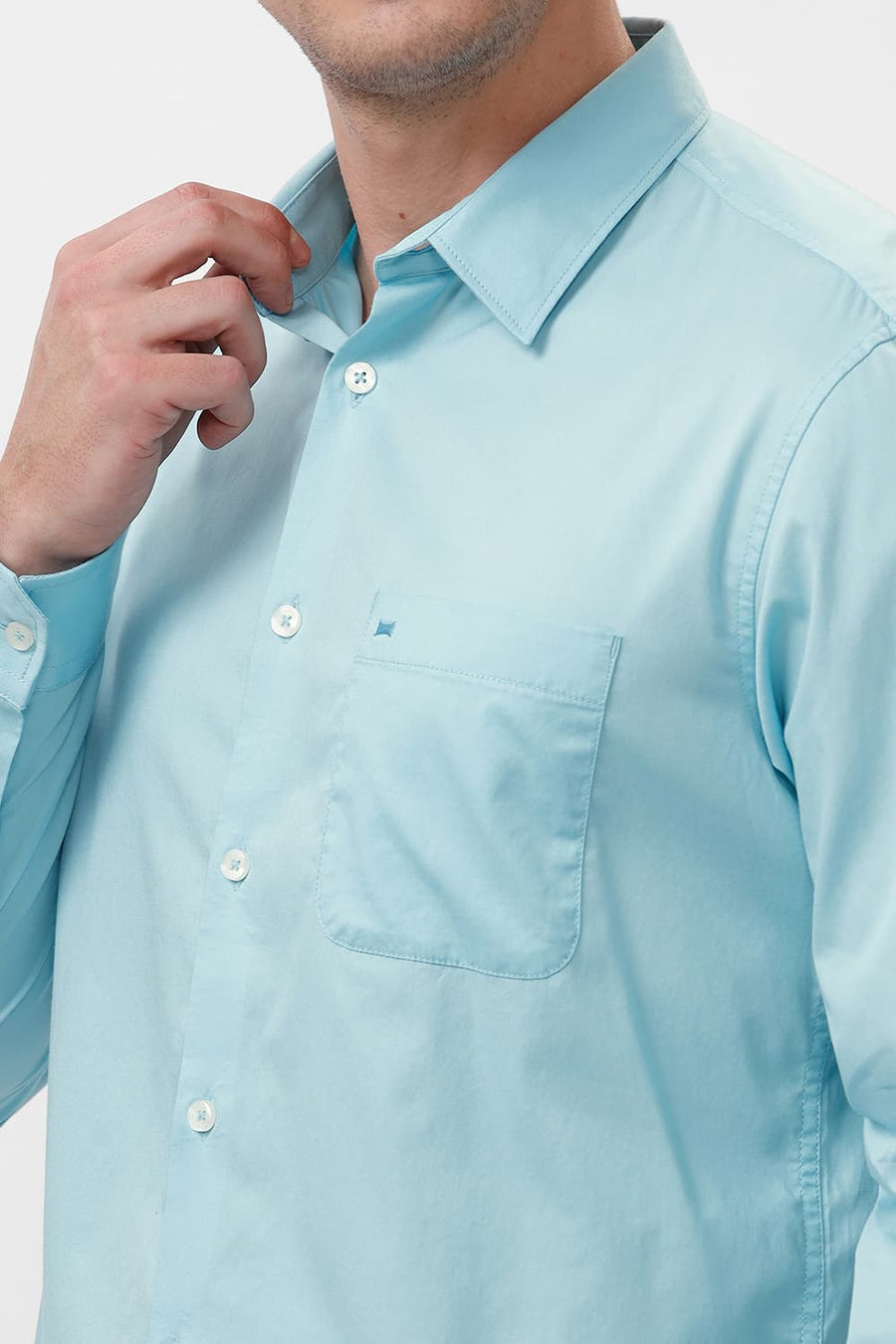 BASICS SLIM FIT STREAM AQUA COTTON TWILL SHIRT