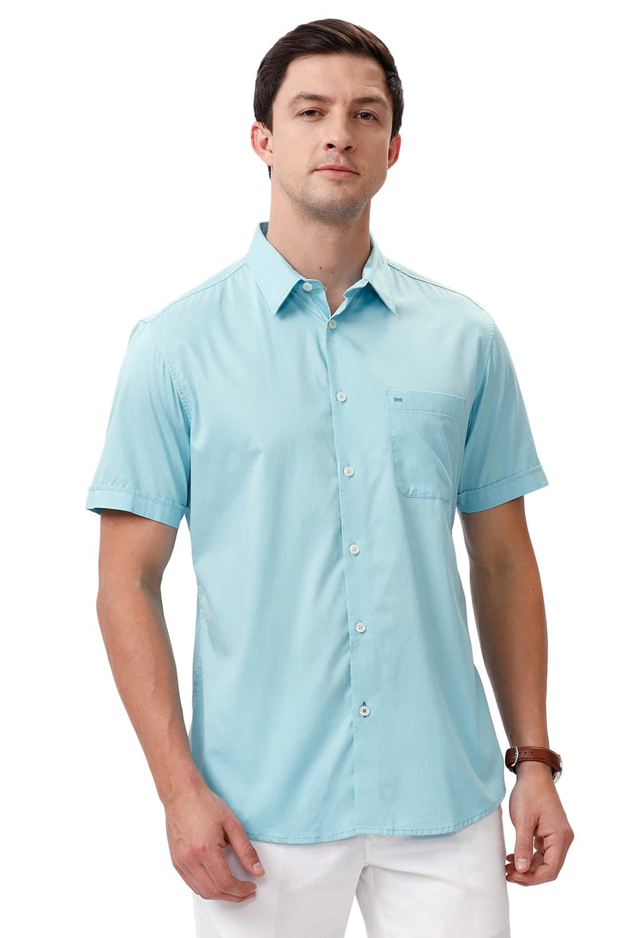 BASICS SLIM FIT STREAM AQUA COTTON TWILL HALFSLEEVES SHIRT