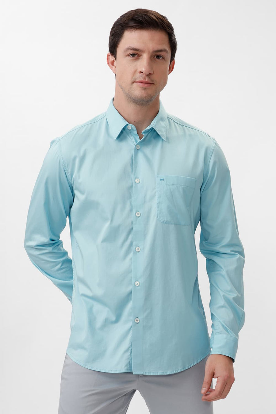 BASICS SLIM FIT STREAM AQUA COTTON TWILL SHIRT