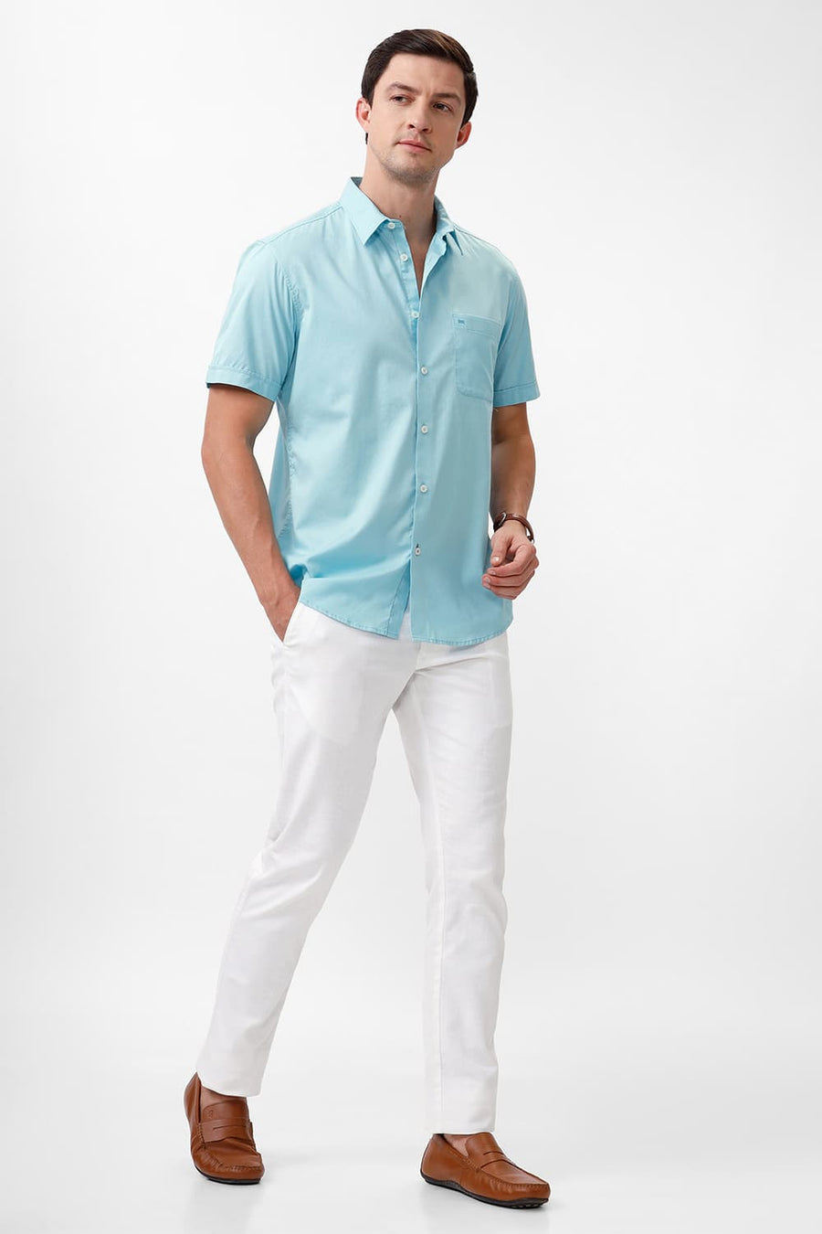 BASICS SLIM FIT STREAM AQUA COTTON TWILL HALFSLEEVES SHIRT