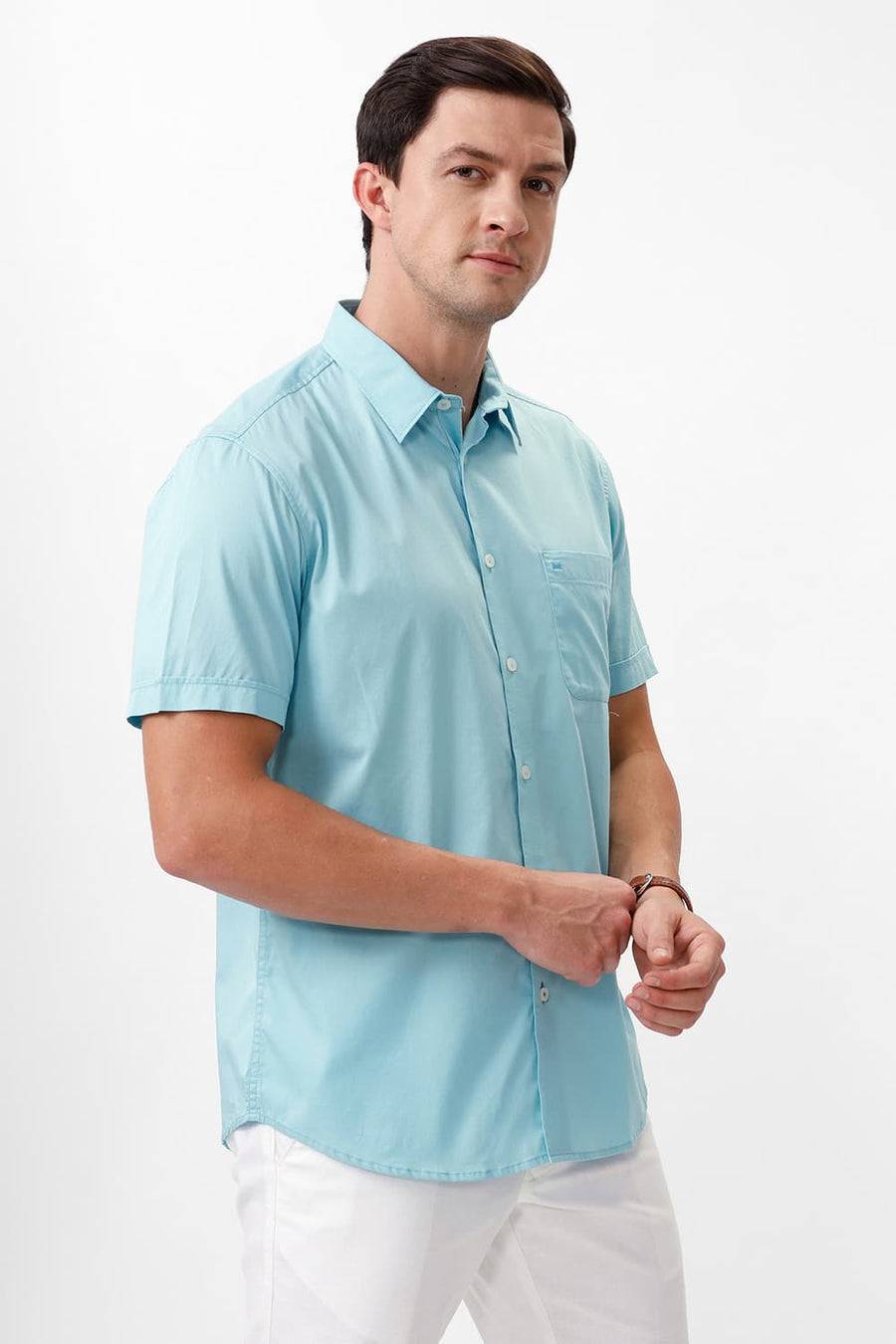 BASICS SLIM FIT STREAM AQUA COTTON TWILL HALFSLEEVES SHIRT