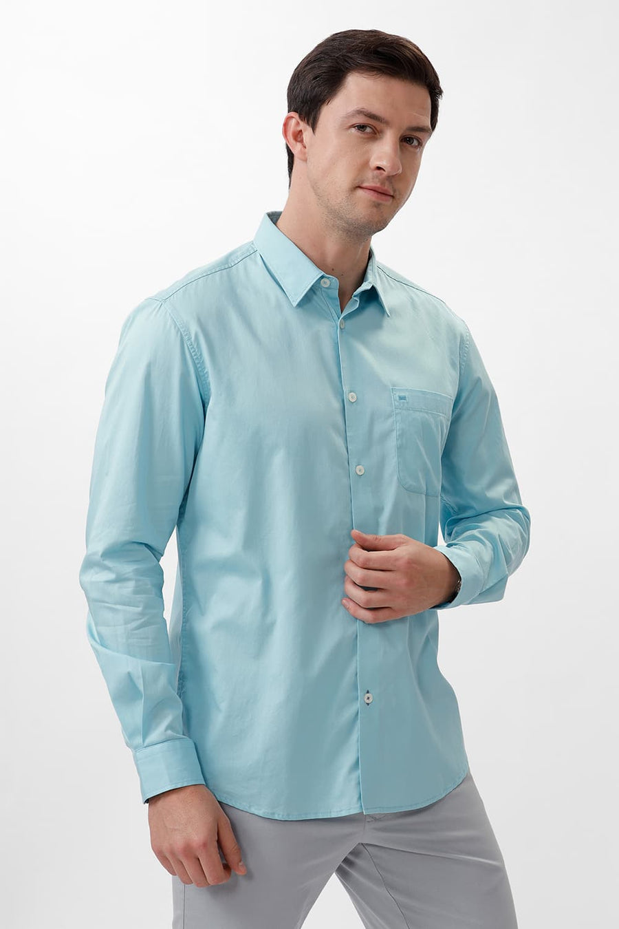 BASICS SLIM FIT STREAM AQUA COTTON TWILL SHIRT